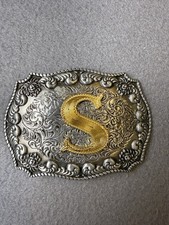 Vintage WMG Western Belt Buckle Initial S Gold Silver Tone Rodeo Cowboy Floral picture