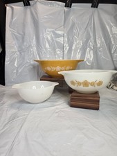 PYREX 444 443 & 442 Vintage Floral Mixing Bowl Set Yellow White Nesting Glass picture