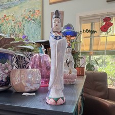 Vintage 8” Huishan Clay Songzi Guanyin Figurine Chinese Folk Art Child-Sending picture