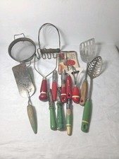 Lot of 10 Red Green Wooden Handle Vintage Kitchen Utensils picture