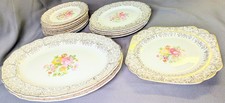 Vintage Canonsburg Pottery Keystone 15 Pc Set Floral 22K Gold Filigree Platters picture