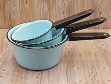 Turquoise Enamelware Nesting Pans Columbian Brand USA Black Trim Vintage Set 3 picture