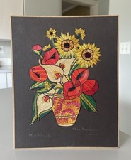 Signed Arturo Hernandez Mexican Popotillo Straw Folk Art Floral Still Life Vase picture