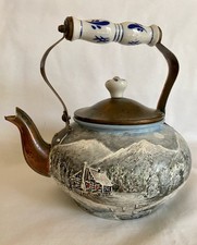 VTG HAND-PAINTED COPPER TEAPOT Chinoiserie Porcelain Handle & Finial picture