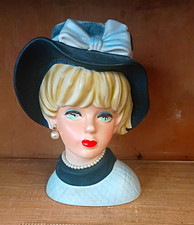 Vintage 1950s Ceramic Hand Painted Lady Head Vase Bust Hat Pearl Marked C7495 picture