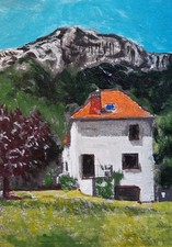Original ACEO Acrylic Miniature Art Landscape House in Grenoble Country Mountain picture
