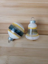 2 -Vtg Shiny Brite Mica Striped Glass Ornament Bell Blue Yellow White 5 Cent Cap picture