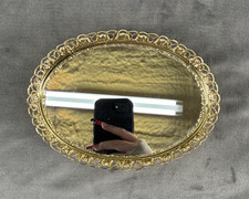 Vintage Vanity Dresser Mirror Tray Brass Filigree Frame Footed Small Oval 7x5” picture
