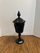 Vintage Indiana Glass Tiara Cameo Black Diamond Point Pedestal Lidded Apothecary picture
