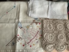 Vintage linen hand embroidered table cloths and lace runner picture