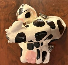 Vintage Ceramic Stacked Cow Figurine – Playful Black & White Novelty Collectible picture