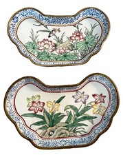 Set of 2 Vintage Chinese Canton Hand Painted Butterfly Form Enamel Trinket Trays picture