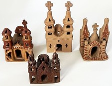 4 MEXICAN TONALA FOLK ART POTTERY BARRO BRUNIDO BURNISHED CHURCH CATHEDRAL MODEL picture