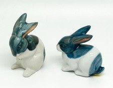 Vtg OMC Otagiri Blue Porcelain Bunnies Rabbits Figurines Hand Painted Set of 2 picture