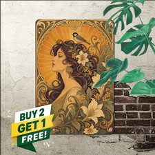 Art Nouveau Woman Cats Midnight Garden Poster Metal Tin Sign Wall Decor 8x12 picture