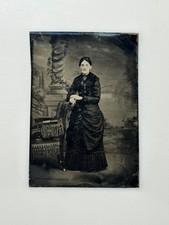 Antique 1800s Tintype Photo Woman Full Length Victorian Dress Brooch Portrait picture