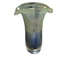 Art Glass Vase Cobalt Blue Core Speckled Striped Lime Green Hand Blown 8