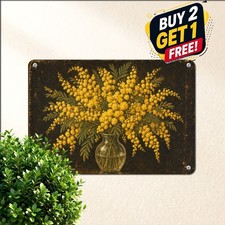 Golden Yellow Mimosa Floral Tin Sign Vintage French Botanical Metal Plaque picture