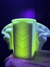 1930s MacBeth Evans Vaseline Milk Glass Trojan Horse Art Deco Chevron Vase picture