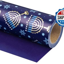 WRAPAHOLIC 30x100 ft Jumbo Roll Hanukkah Wrapping Paper - Blue Menorah Lights picture