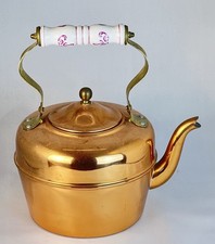 Vintage Tayee Solid Copper Tea Kettle Taiwan Pink Floral Porcelain Handle picture
