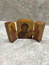 Vintage Triptych Wood Eastern Orthodox Mary Jesus Archangels Altar Icon picture