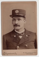 Antique Cabinet Card Edgeworth Firefighter Fireman Uniform Cap Badge Chicago IL picture