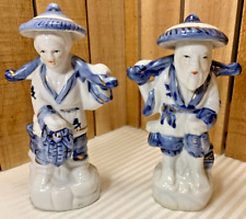 Asian Man & Woman Fishing Porcelain Figurines Blue White & Gold 6