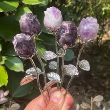 5PCS Genuine Hand Carved Amethyst Crystal Purple Flower Healing Reiki Home Decor picture