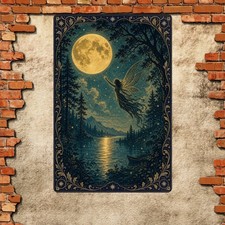 Glowing Full Flying Silhouette Fairy Moon Night Scene Tin Sign picture
