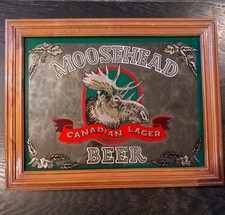 Vintage Moosehead Canadian Lager Beer Mirror Sign 15x19 Wood Frame Breweriana picture