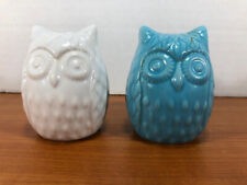 Owl Ceramic Salt & Pepper Shakers Aqua Blue and White 2 3/4