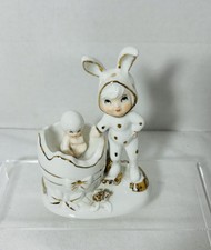 Vintage Kitschy Easter Bunny W/ Cracked Egg with Baby Gold Trim figurine. picture