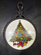 Vintage Sabin Ceramic Tile Trivet Christmas Tree 1985 Cast Iron Metal Taiwan picture