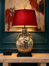 Massive 32” Vintage Royal Satsuma Style Geisha Moon Flask Table Lamp picture