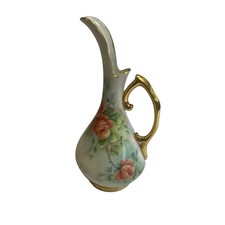 Vintage Hand Painted Porcelain Ewer Pitcher Bud Vase Roses Gold Trim 7 In. Tall picture