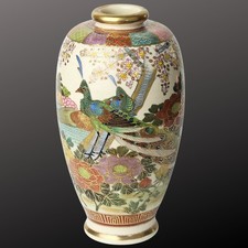 Antique Satsuma Shimazu Clan Mark Vase Hand Paint Peacock Floral Gold Leaf picture