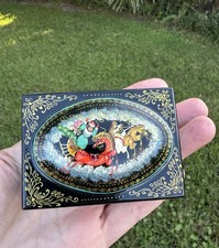 Vtg Russian Mctera “Troika” Three Horse Sleigh Small Footed Black Lacquer picture