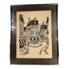 Vintage French Village Lithograph by Jacquest AKA Tom Wood Framed and Matted picture