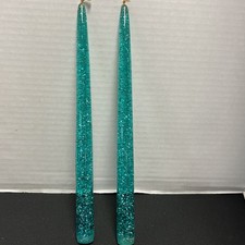 Vtg Lucite Teal 11 3/4” Taper Candles MCM Set Of Two W/ Silver Sparkles picture
