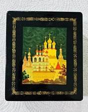 Vintage and Vibrant Black Lacquer Box; Painted Russian Church Scene-Rostov Bells picture