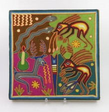 Vintage Huichol Yarn Painting Panel Artwork by Jesús González Eligio 11.75