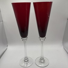 Vintage Ruby Red Crystal Glass Ribbed Champagne Flutes With Clear Stems 11.25H picture