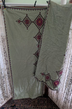 Vintage Embroidered Cross Stitch Heavy Cotton Green Ukrainian Ethnic Curtain Lot picture