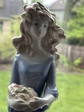 Vintage Porcelain Woman Figurine With Flowers Blue Dress 13 Inch picture