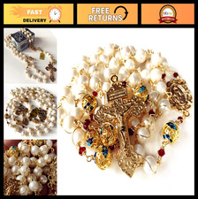 Elegant Handmade Gold Wire Wrapped Bead AAA White 10mm Real Pearl Rosary Necklac picture