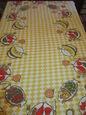 Vintage MCM Yellow & White w/Retro Food Graphics Terry Cloth Tablecloth 51x79 picture
