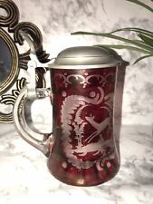 Vtg Erbo Zinn Crystal Ruby Cut To Clear Pewter Lidded Stein Stag And Forrest picture