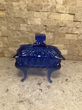 VTG Cobalt Blue Footed Queen Anne Style  Glass Trinket/candy/Jewery Dish, W/Lid picture