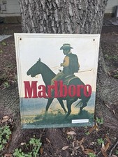 Vintage 1980s Marlboro Man Embossed Porcelain Enamel Metal Sign As-Found Patina picture